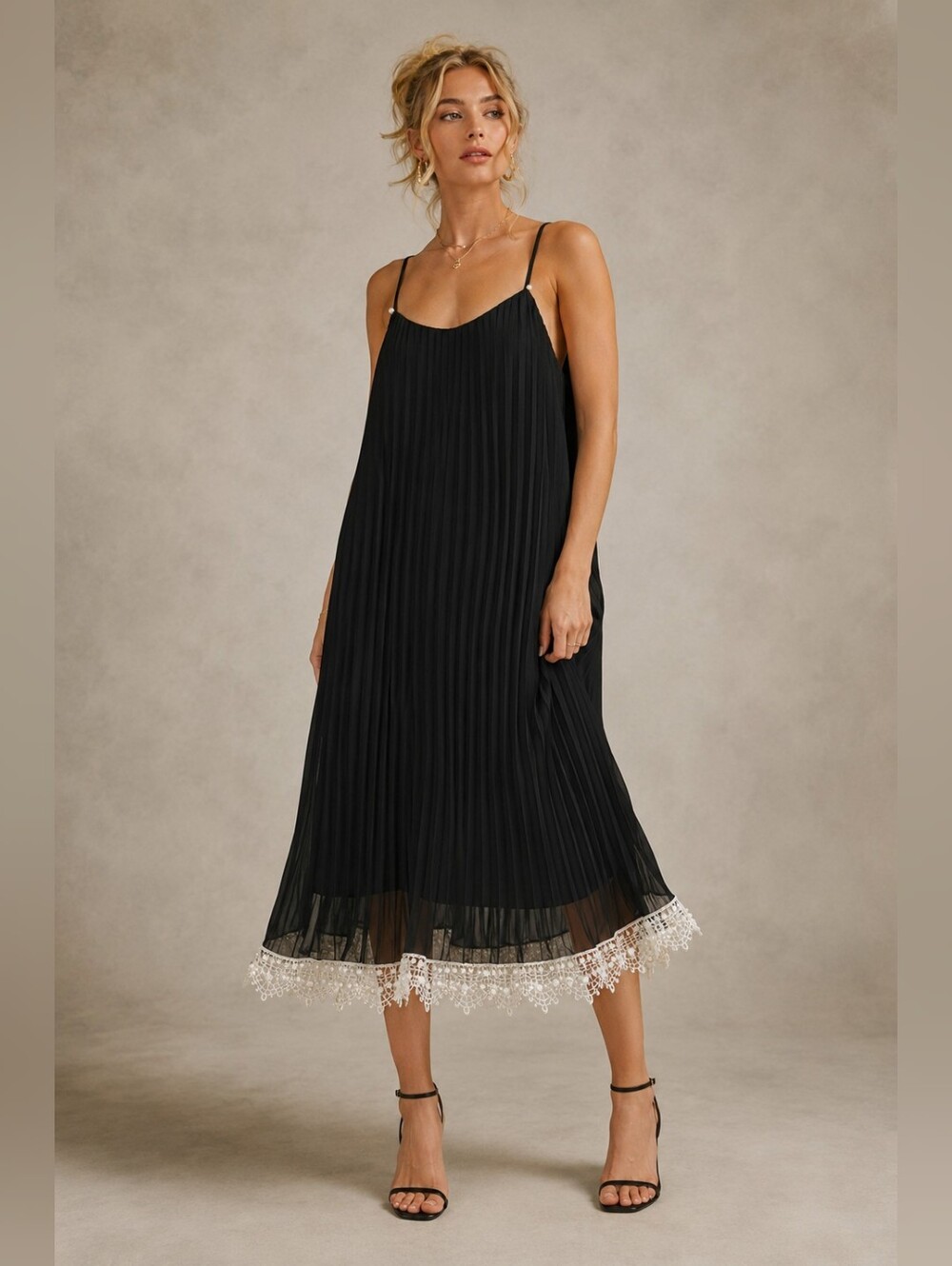 Black Pleated Chiffon Slip Dress with Pearl Lace Hem | Romantic French Midi Dres